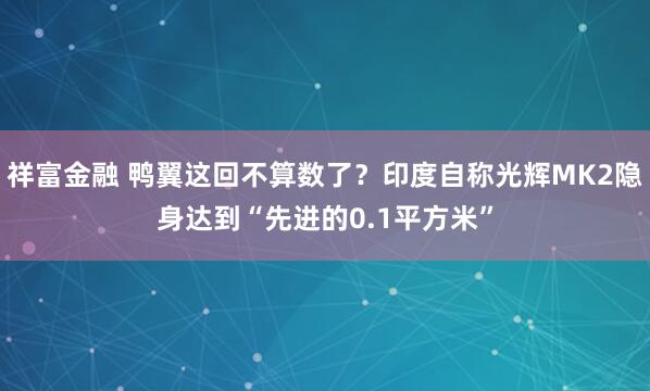 祥富金融 鸭翼这回不算数了？印度自称光辉MK2隐身达到“先进的0.1平方米”